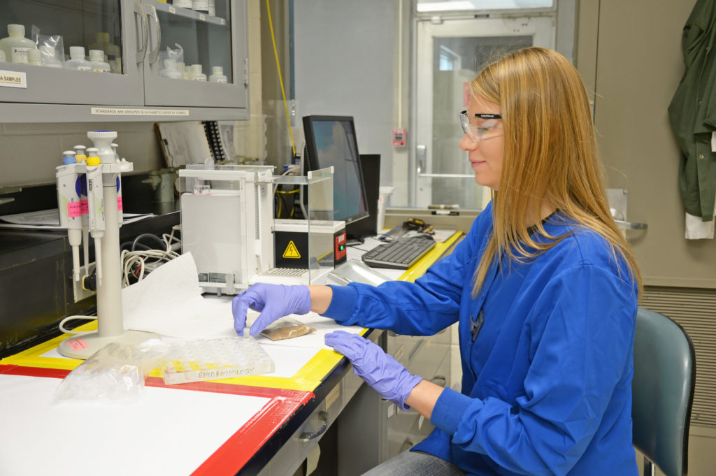 woman working at a desk in a lab